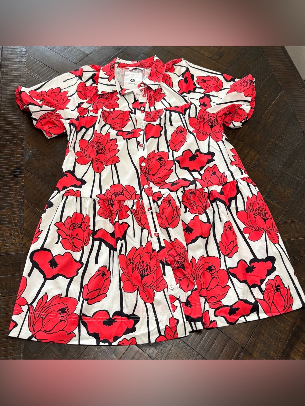 Wenrine Orange Floral Tiered Babydoll Mini Dress Short Sleeve Pockets L NWT